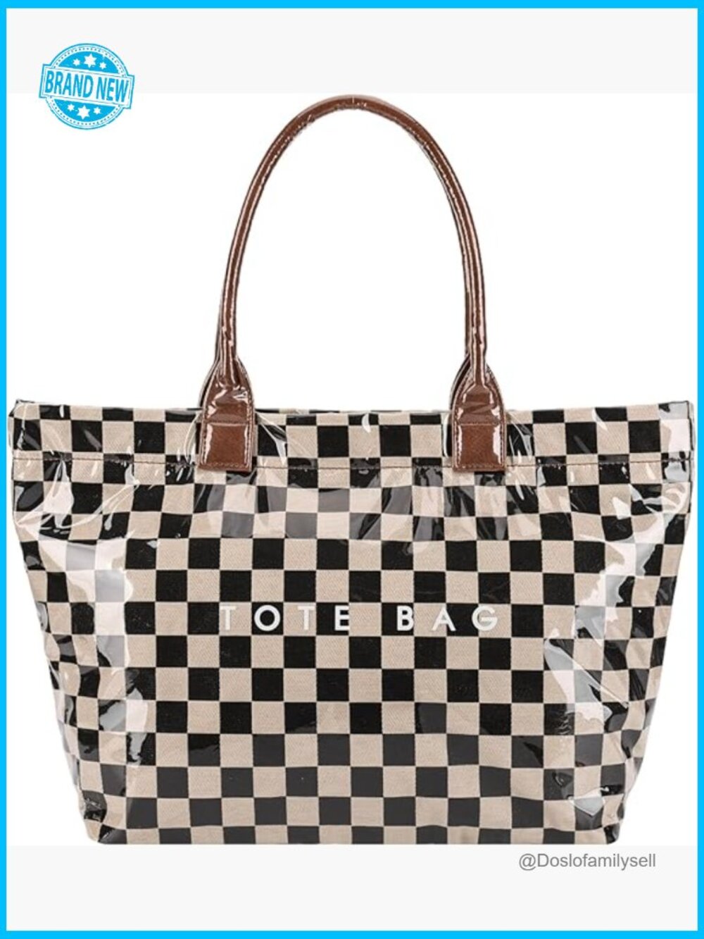 PVC Tote Bag with Zipper Checkered Hobo Handbag Large Letters Print Shoulder